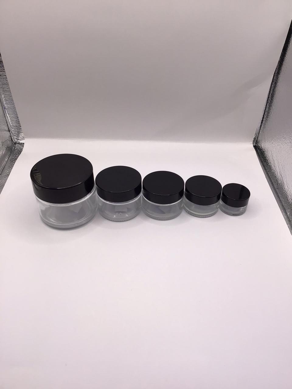 Clear Glass Cream Jar with Glossy Black Lid – Available in Multiple Sizes