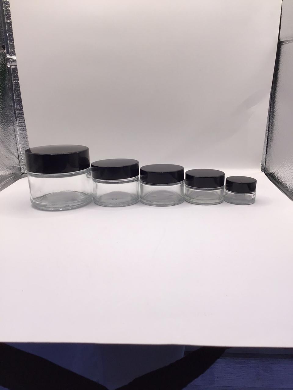 Clear Glass Cream Jar with Glossy Black Lid – Available in Multiple Sizes