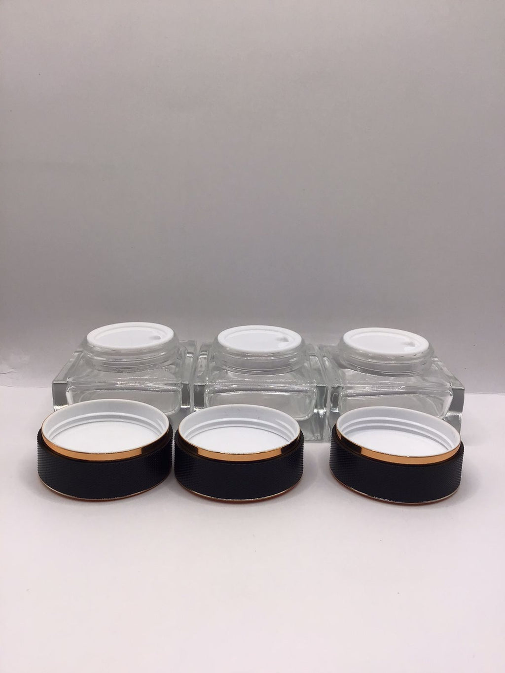 Square Clear Glass Cream Jar with Black & Gold Luxury Lid