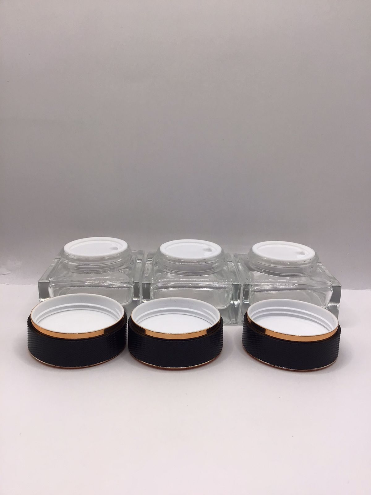 Square Clear Glass Cream Jar with Black & Gold Luxury Lid