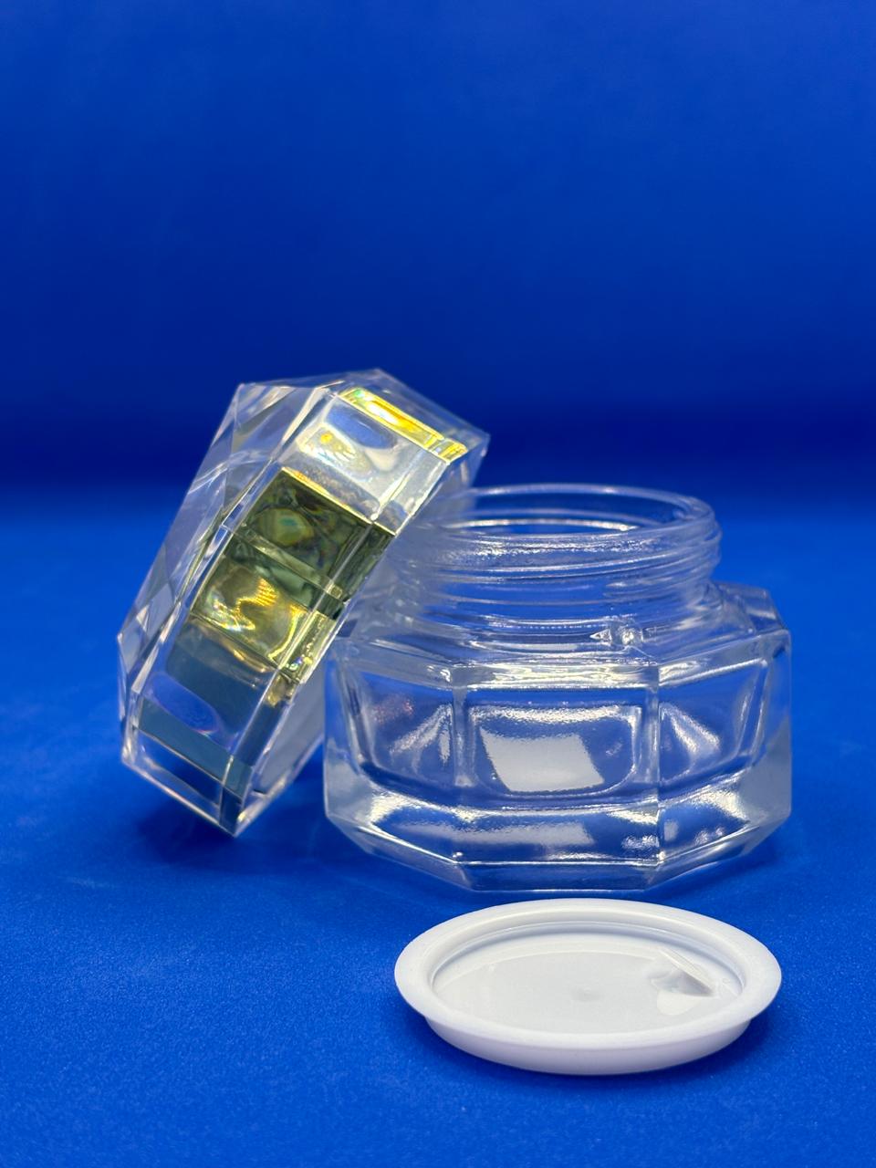 Crystal Diamond-Cut Cosmetic Jar – Luxury Octagonal Clear Acrylic with Gold Lid | Empty Refillable Container