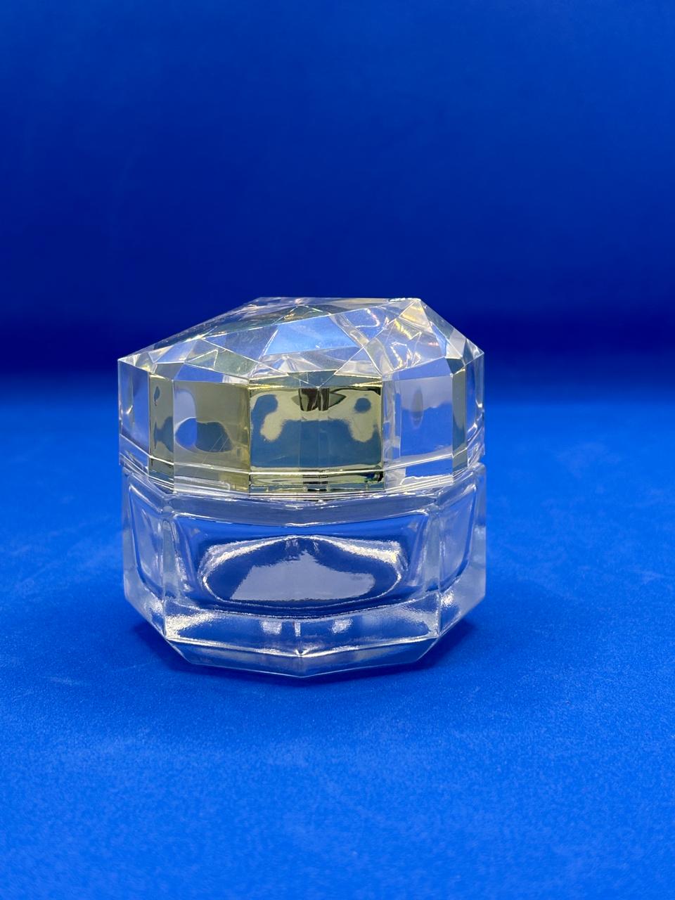 Crystal Diamond-Cut Cosmetic Jar – Luxury Octagonal Clear Acrylic with Gold Lid | Empty Refillable Container