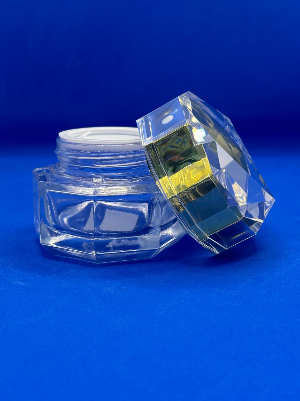 Crystal Diamond-Cut Cosmetic Jar – Luxury Octagonal Clear Acrylic with Gold Lid | Empty Refillable Container