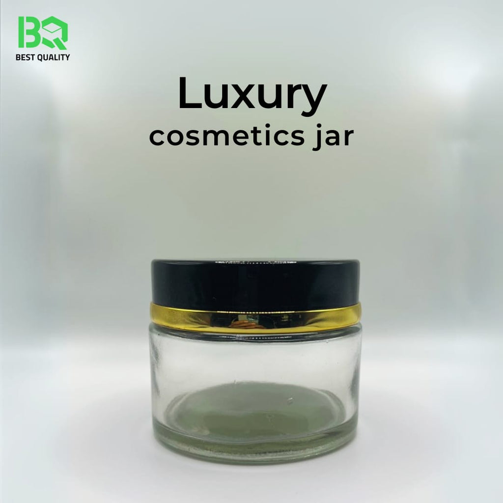 Luxury Clear Glass Cosmetic Jar with Black & Gold Lid | Premium Skincare Packaging
