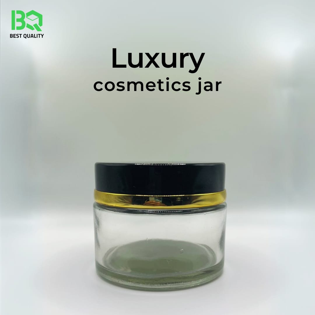 Luxury Clear Glass Cosmetic Jar with Black & Gold Lid | Premium Skincare Packaging