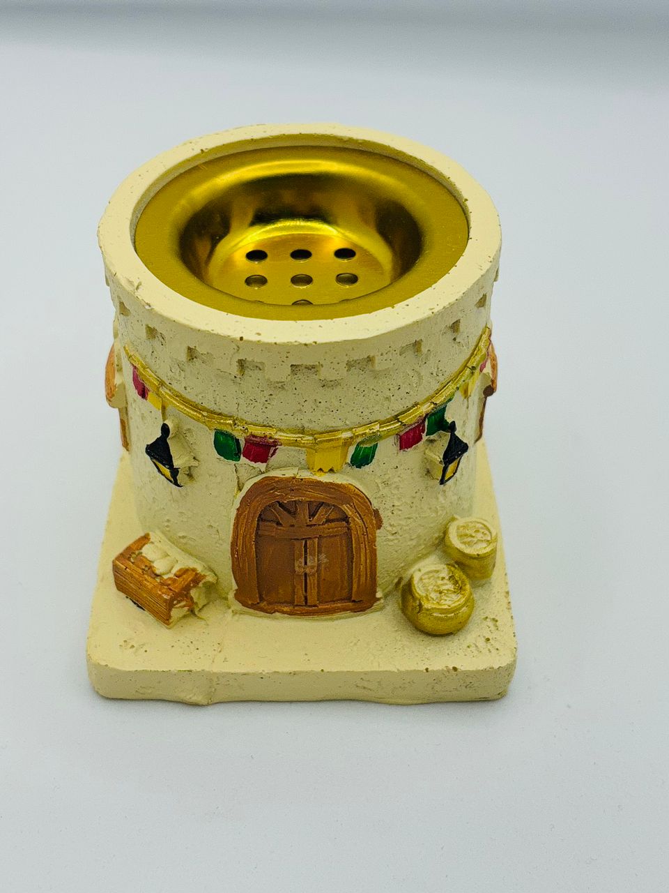 Arabic Old Souk Bakhoor Burner – Hand-Painted Resin Mabkhara with Gold Brass Bowl