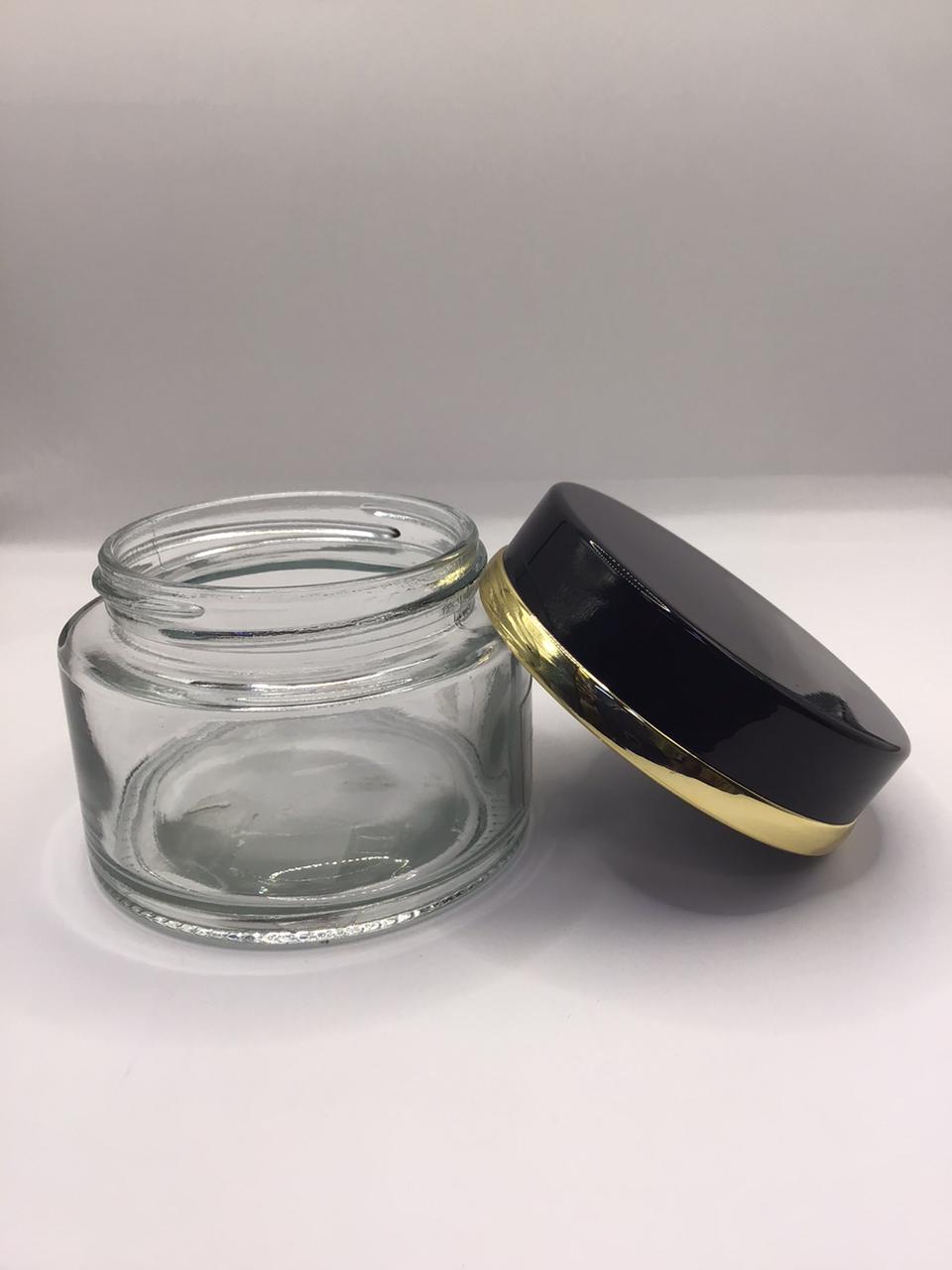 Clear Glass Bakhoor Jar with Black Lid & Gold Band