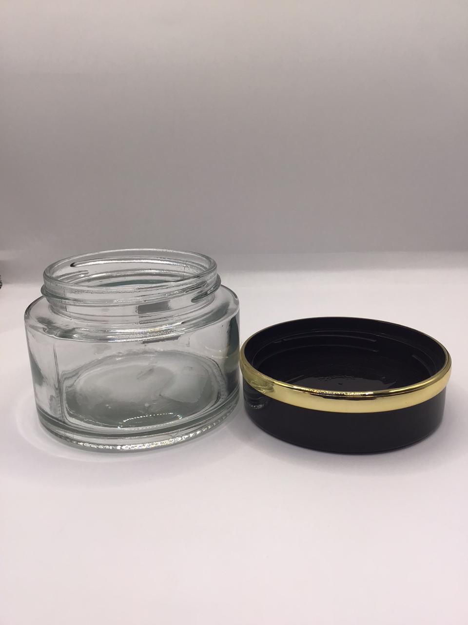 Clear Glass Bakhoor Jar with Black Lid & Gold Band