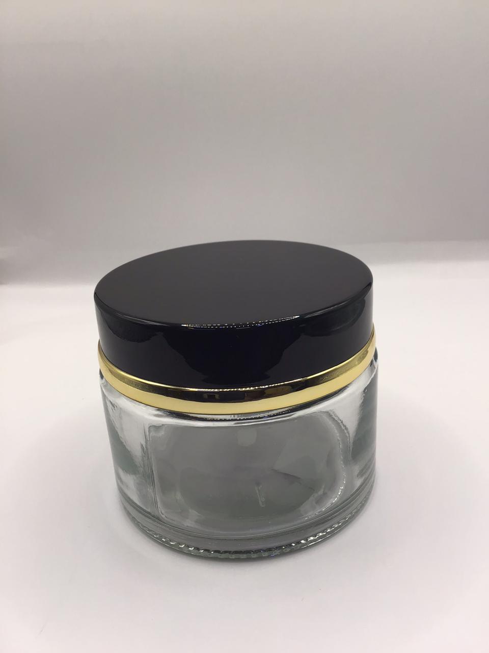 Clear Glass Bakhoor Jar with Black Lid & Gold Band