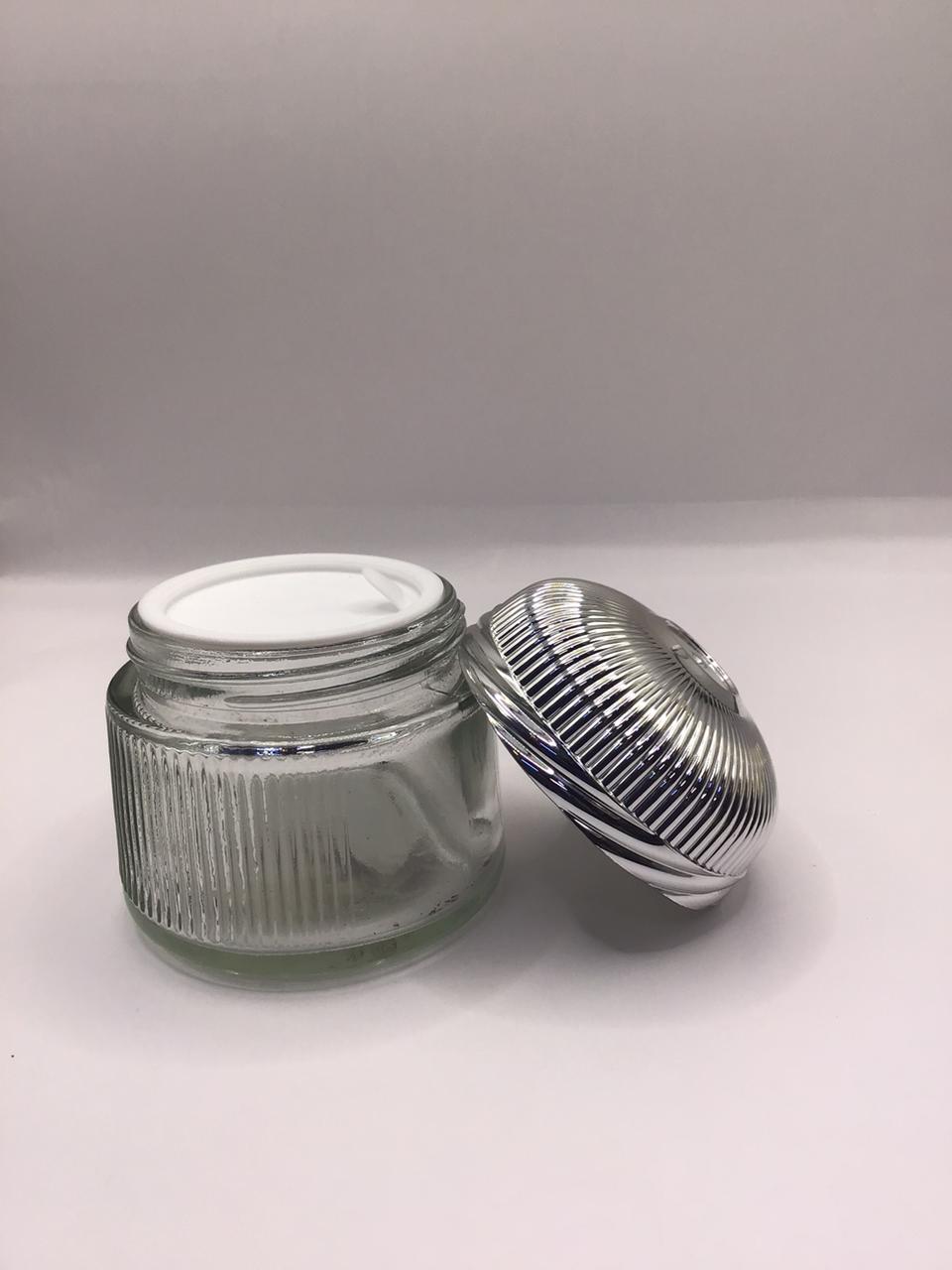 Ribbed Clear Glass Bakhoor Jar with Silver Chrome Dome Lid