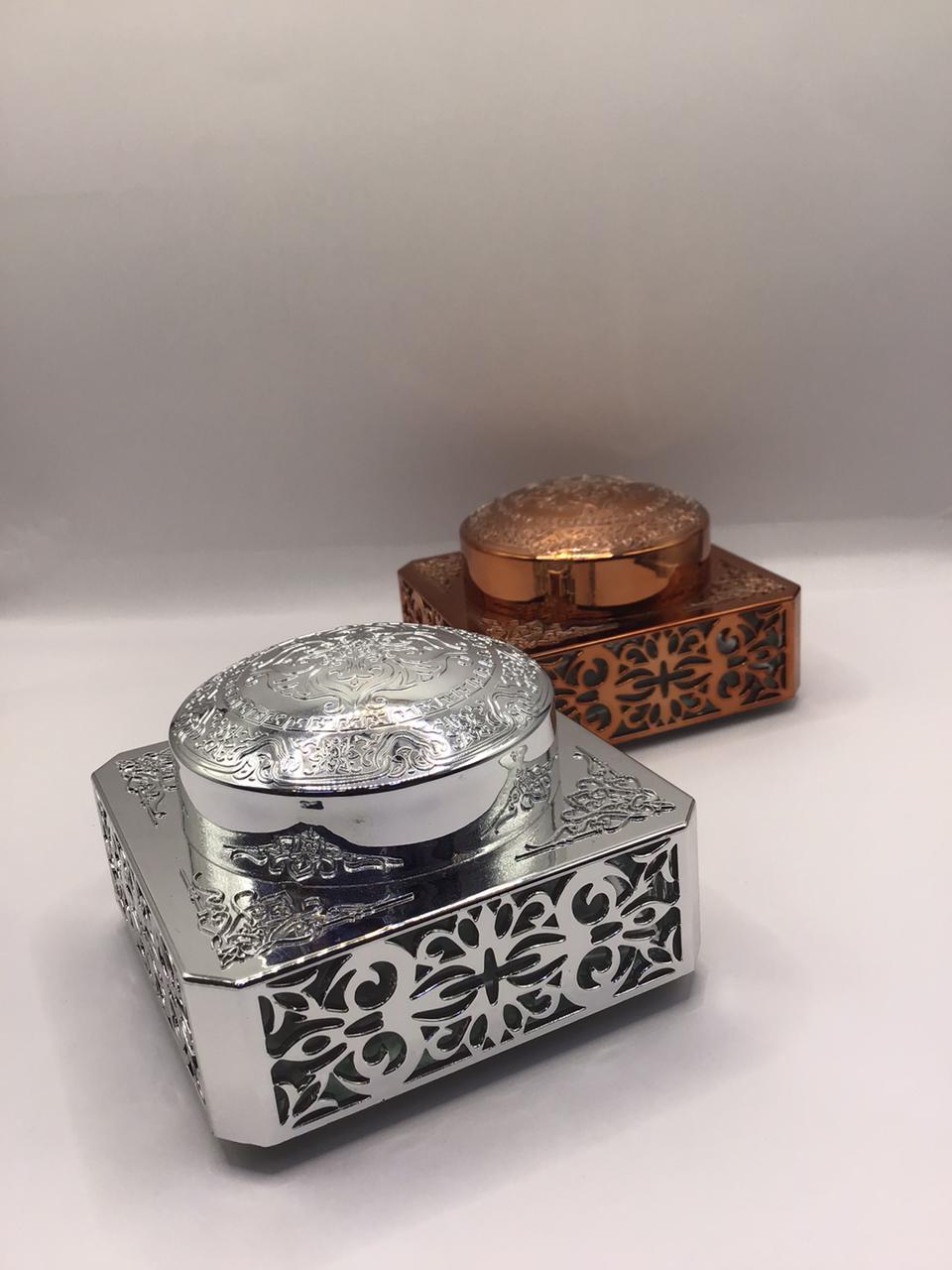 Ornate Filigree Square Bakhoor Jar with Embossed Arabesque Lid