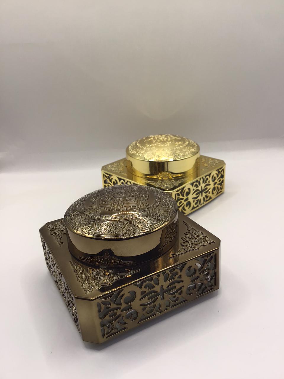 Ornate Filigree Square Bakhoor Jar with Embossed Arabesque Lid