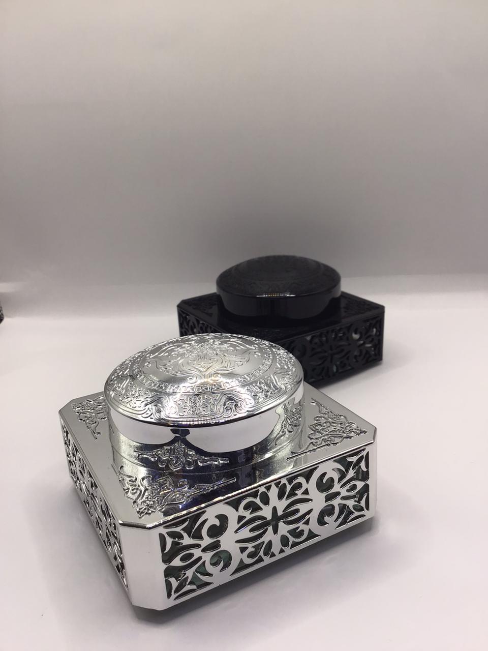 Ornate Filigree Square Bakhoor Jar with Embossed Arabesque Lid
