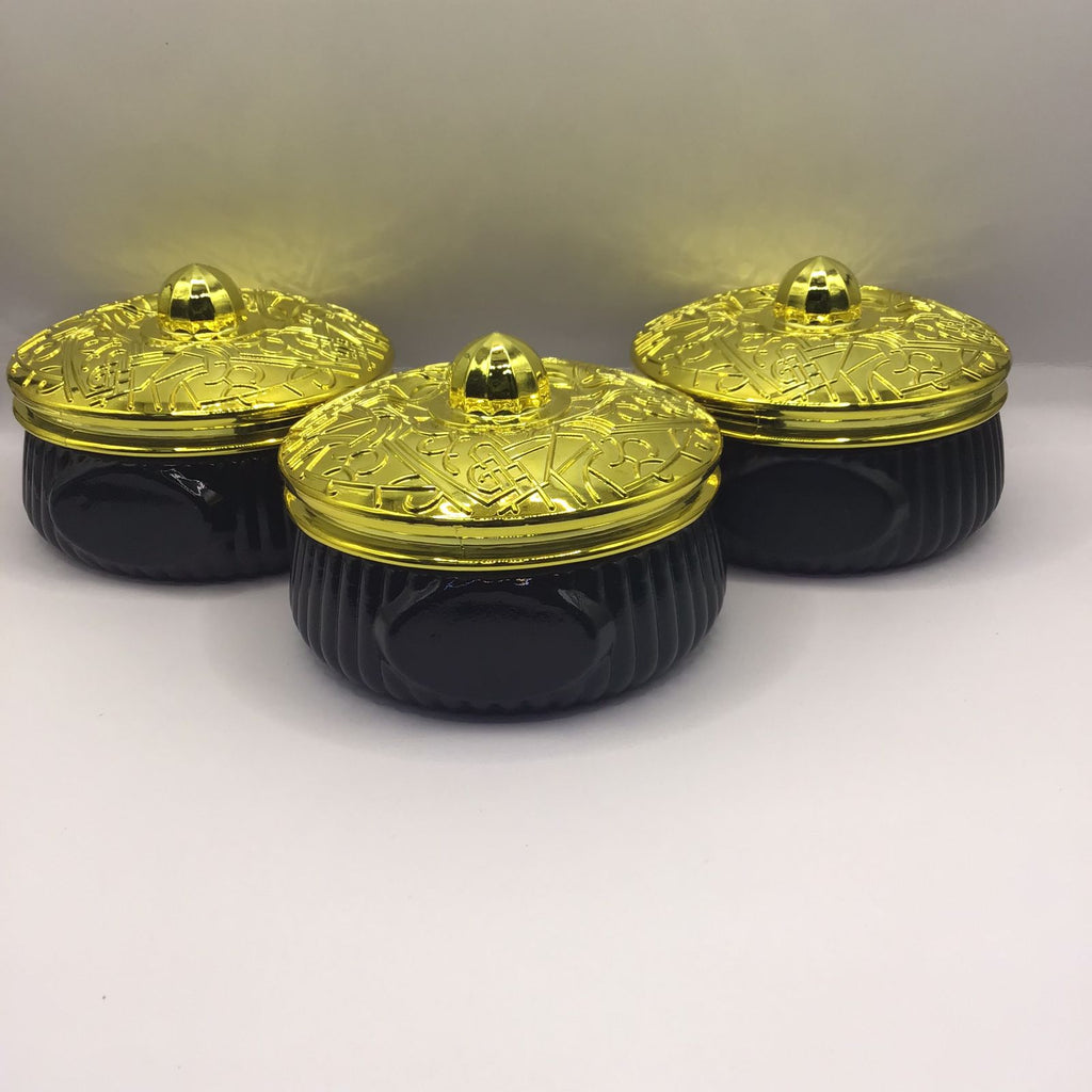 Luxury Black & Gold Bakhoor Jar – Embossed Arabic Calligraphy Lid