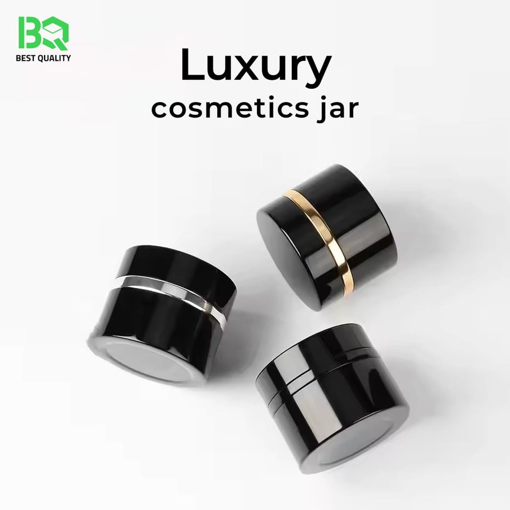 Luxury Glossy Black Cosmetic Jar with Metallic Band | Gold, Silver & Chrome | Premium Skincare Packaging