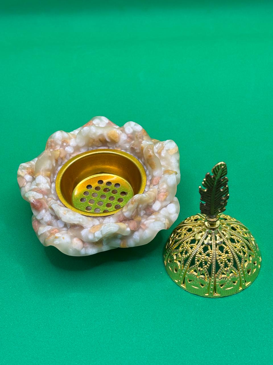 Rose Petal Bakhoor Burner – Arabic Incense Burner with Gold Brass Bowl & Decorative Lid (Mabkhara)