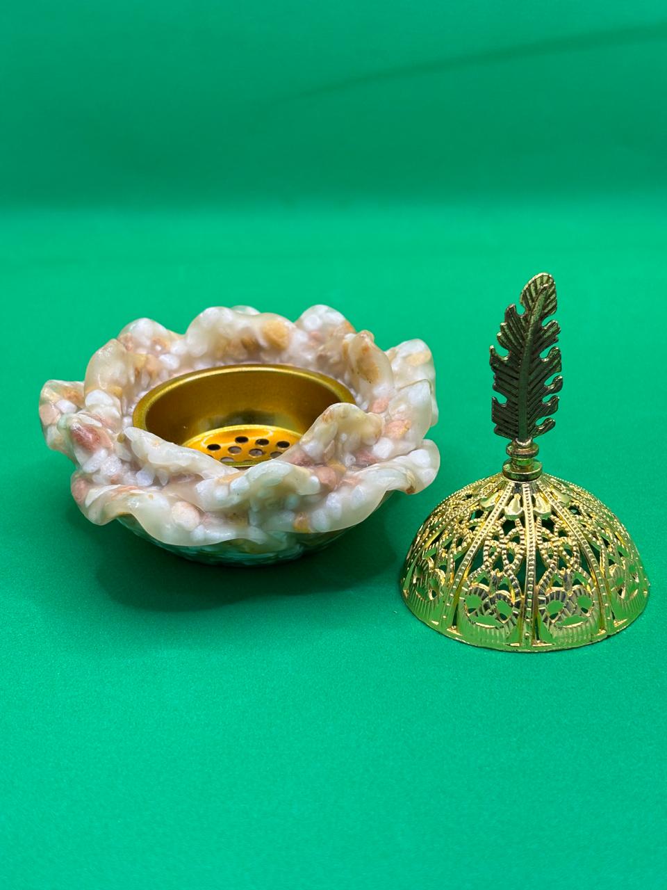 Rose Petal Bakhoor Burner – Arabic Incense Burner with Gold Brass Bowl & Decorative Lid (Mabkhara)
