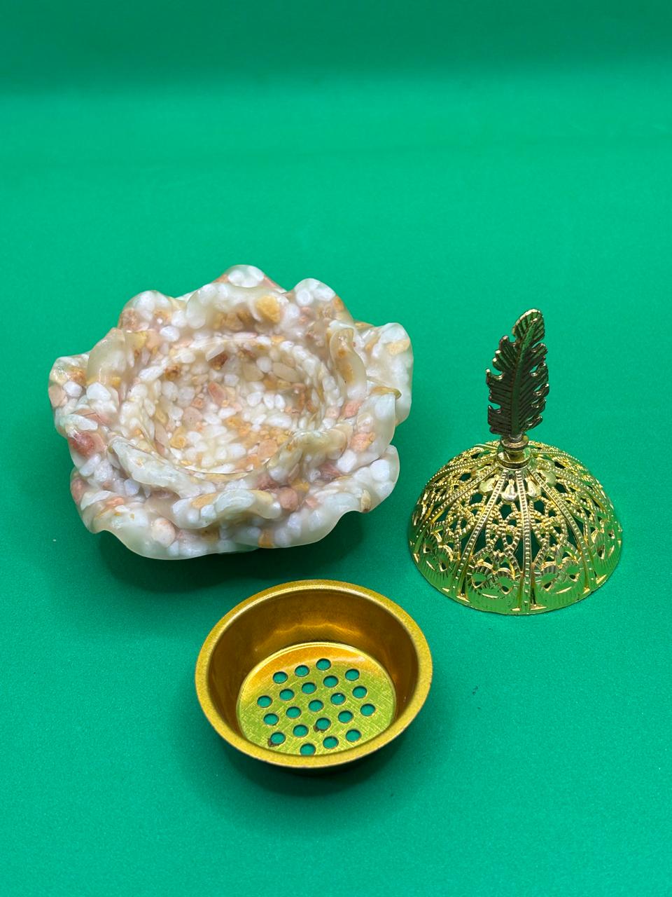 Rose Petal Bakhoor Burner – Arabic Incense Burner with Gold Brass Bowl & Decorative Lid (Mabkhara)