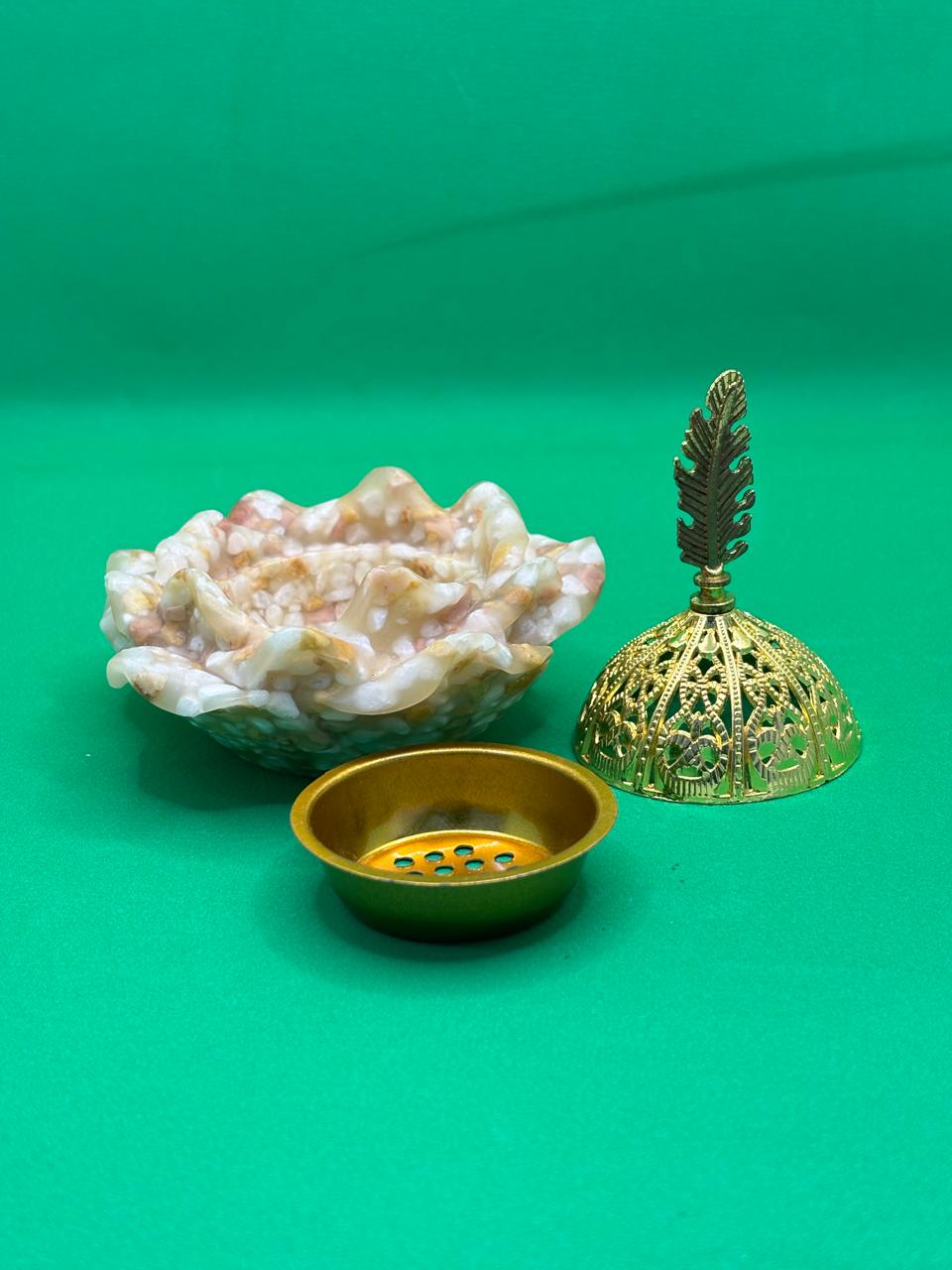 Rose Petal Bakhoor Burner – Arabic Incense Burner with Gold Brass Bowl & Decorative Lid (Mabkhara)