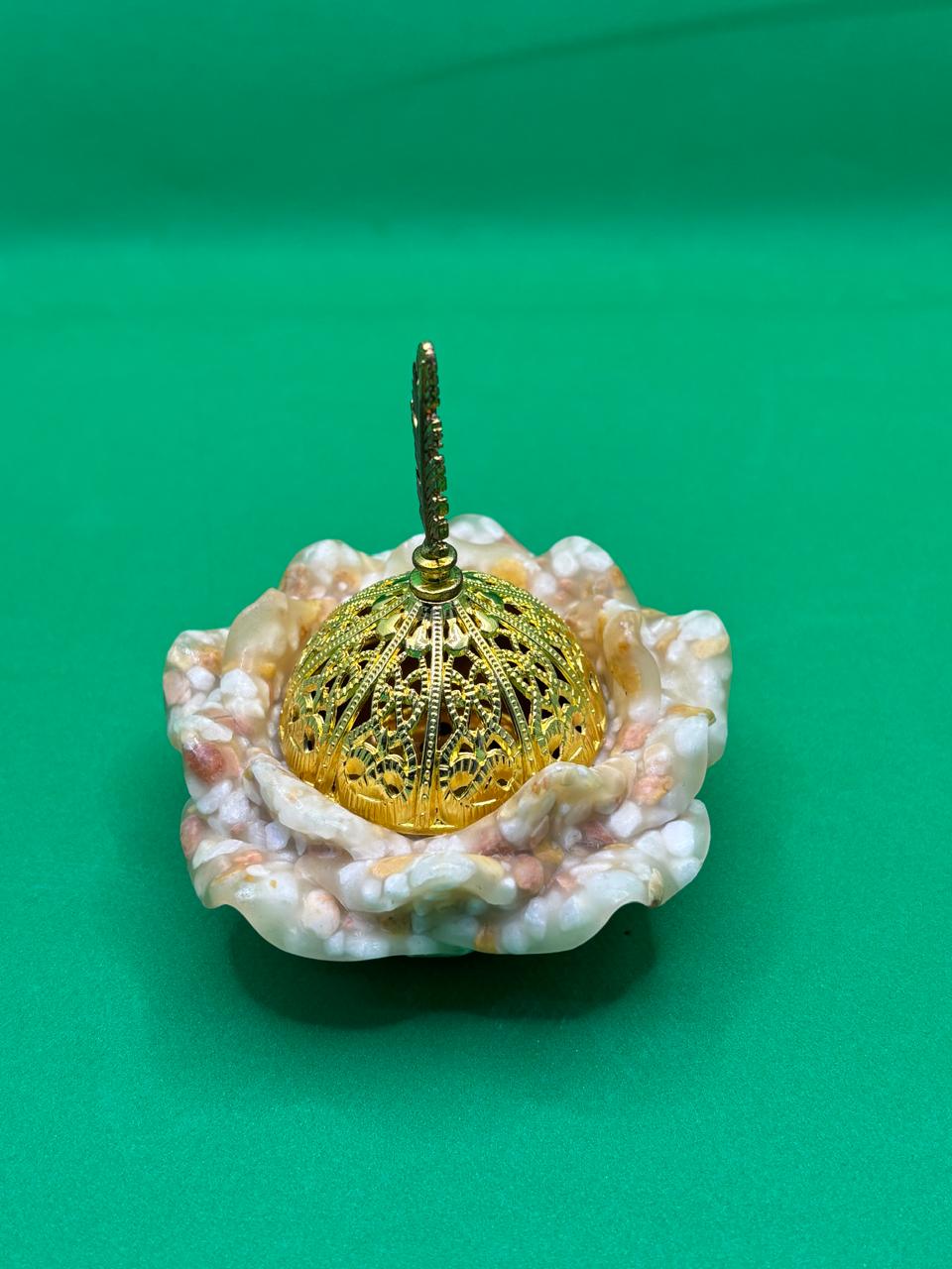 Rose Petal Bakhoor Burner – Arabic Incense Burner with Gold Brass Bowl & Decorative Lid (Mabkhara)