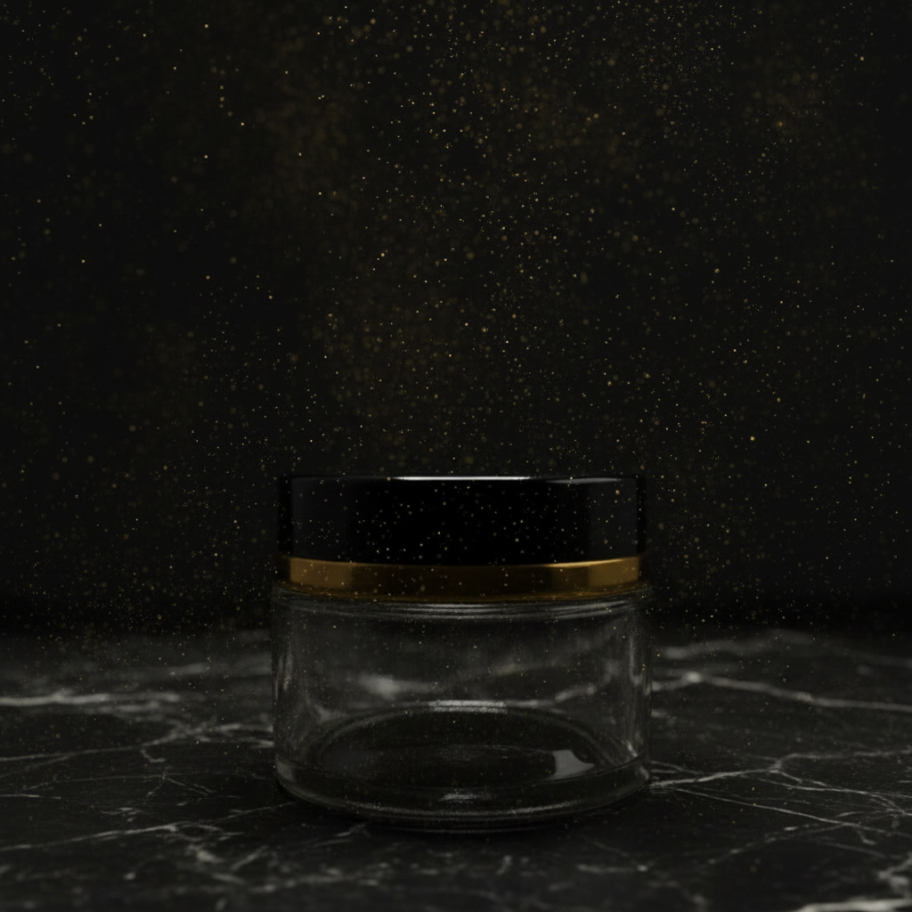 Luxury glass cosmetic jar on black marble with dramatic lighting