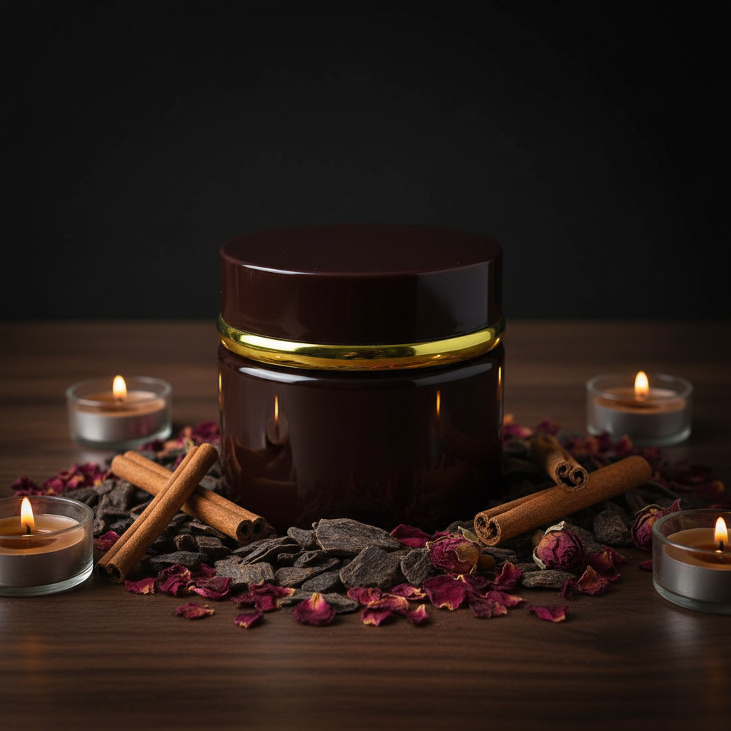 Glossy brown Bakhoor jar lifestyle shot on walnut wood with oud and candlelight
