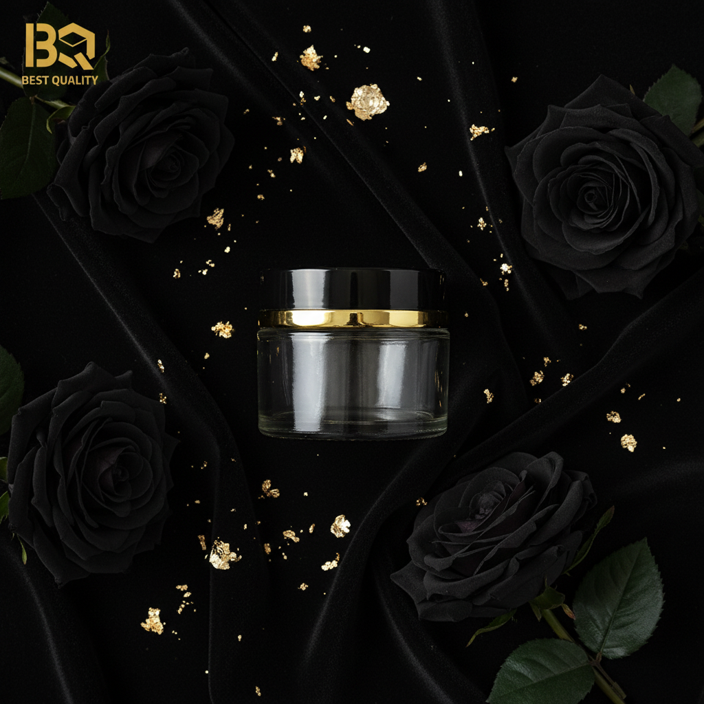Luxury cosmetic jar flat lay with black roses and gold foil on dark velvet