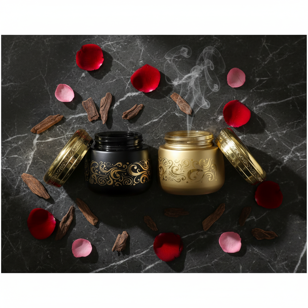 Luxury Bakhoor jars lifestyle flat lay on dark marble
