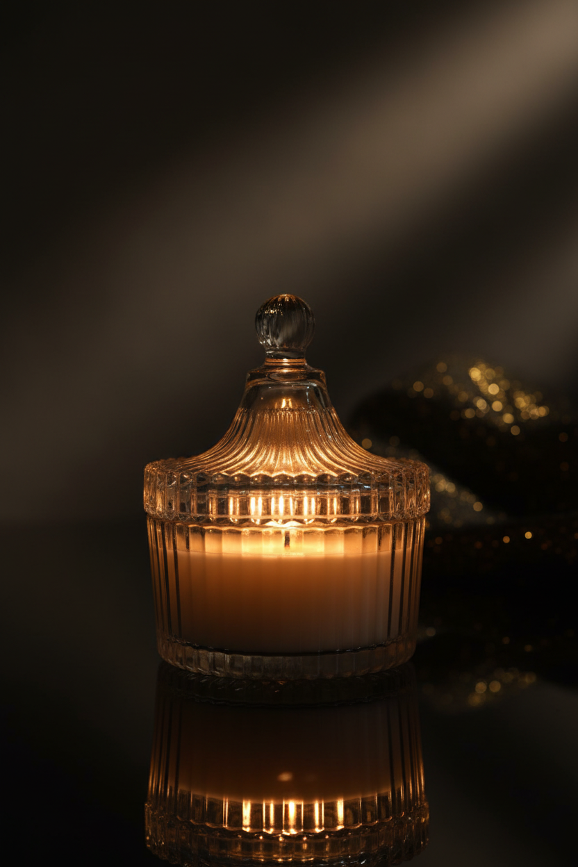 Royal Crown Crystal Candle Jar - lit candle glow