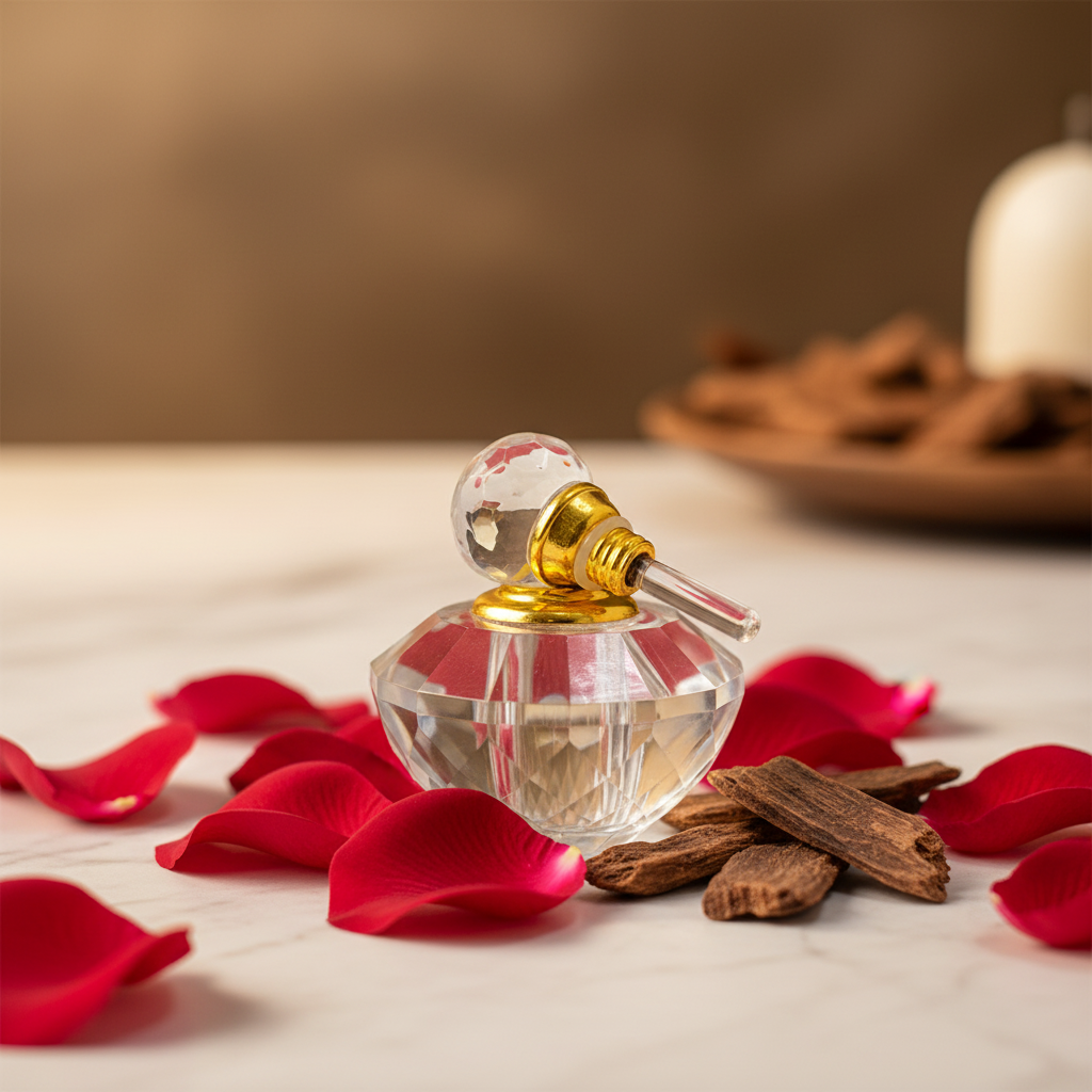 Musk Attar 10ml tola bottle on marble with rose petals