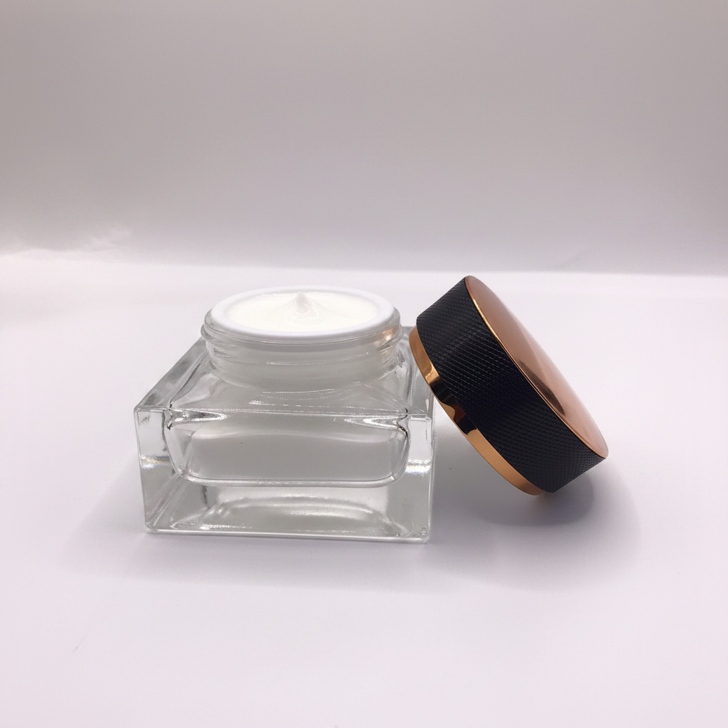 Square clear glass jar studio white background
