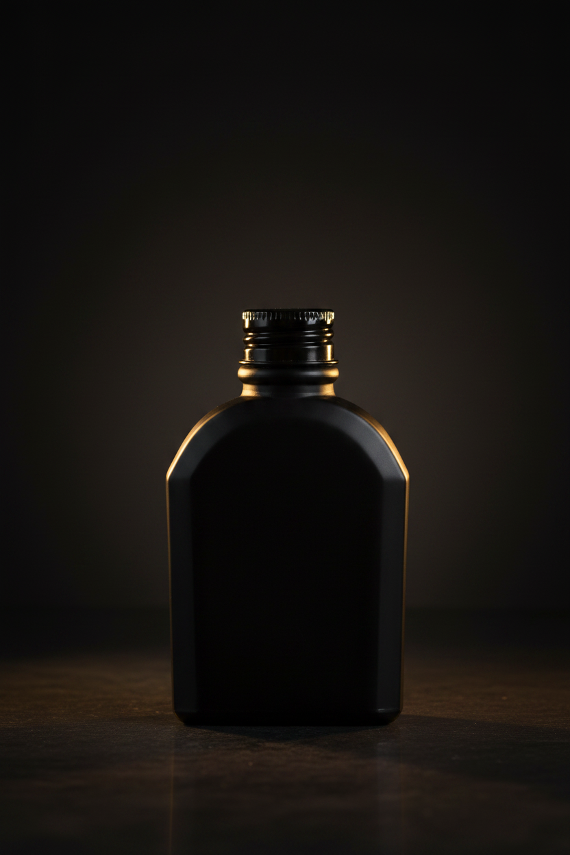 Matte black glass bottle dark moody lifestyle shot