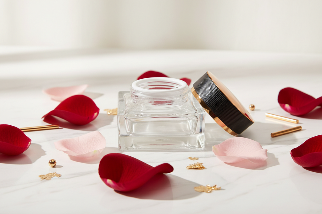 Square glass jar marble surface editorial