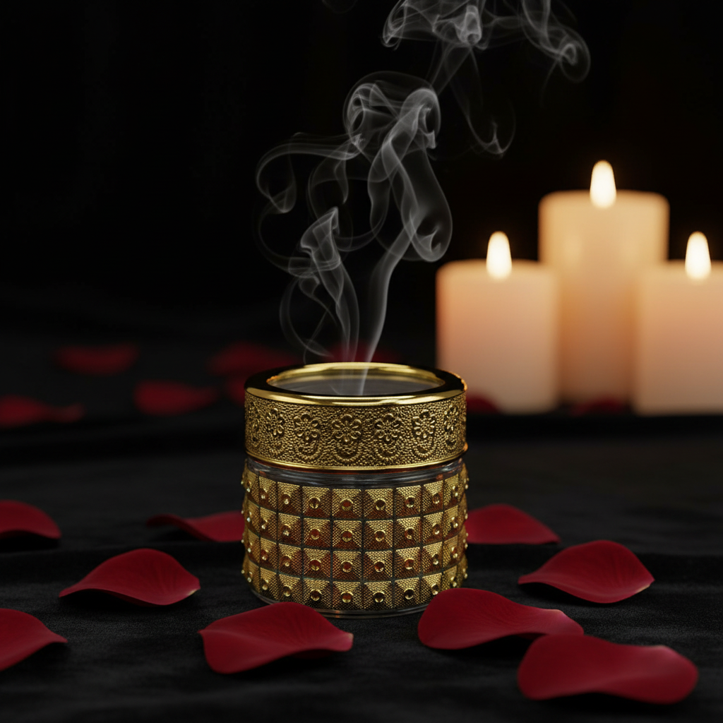 Royal gold arabesque Bakhoor jar lifestyle shot on black velvet with rose petals