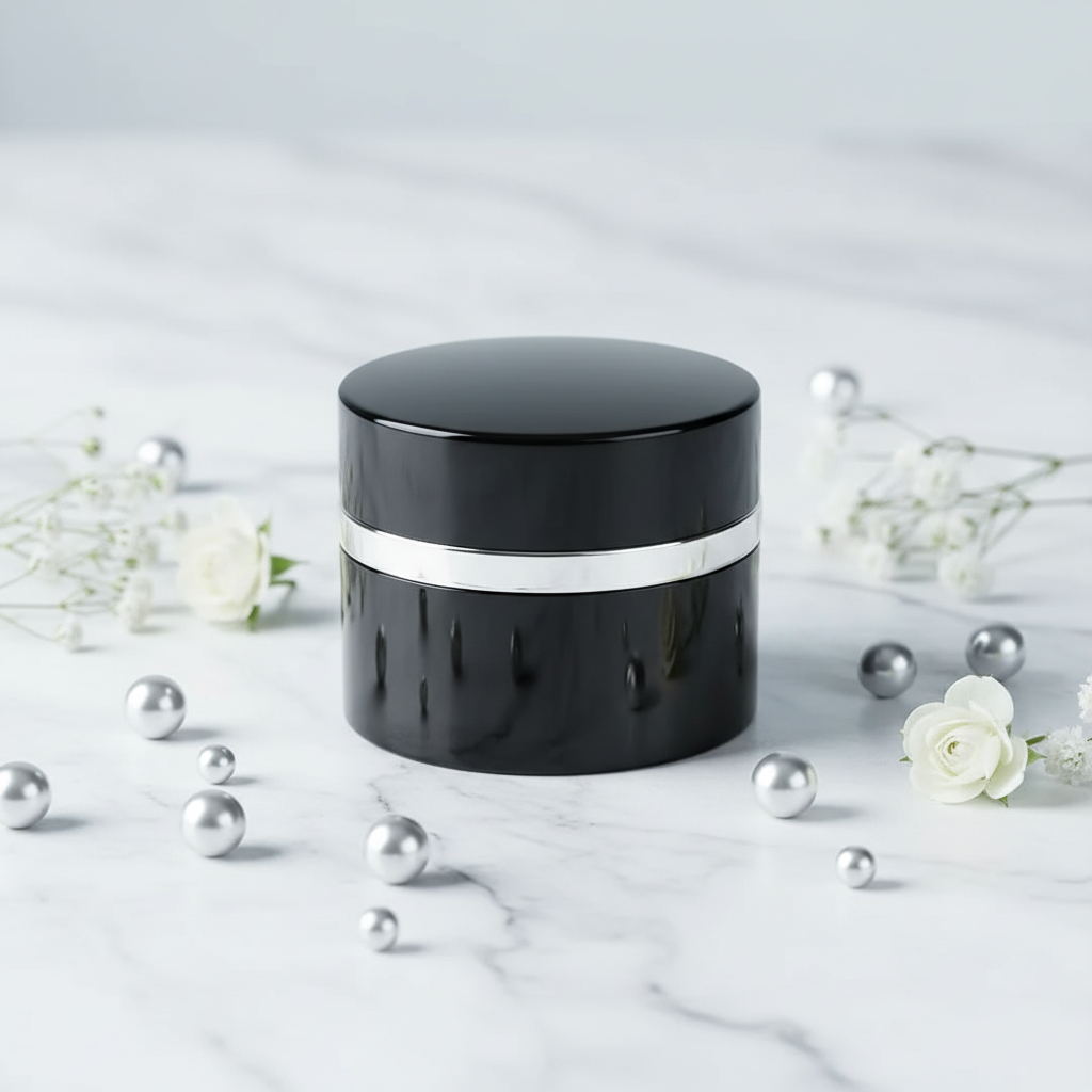 Luxury glossy black cosmetic jar with silver band on white marble with white flowers