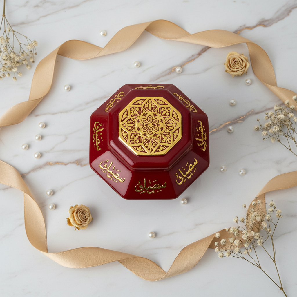 Luxury Bakhoor Jar flat lay on white marble with gold ribbon