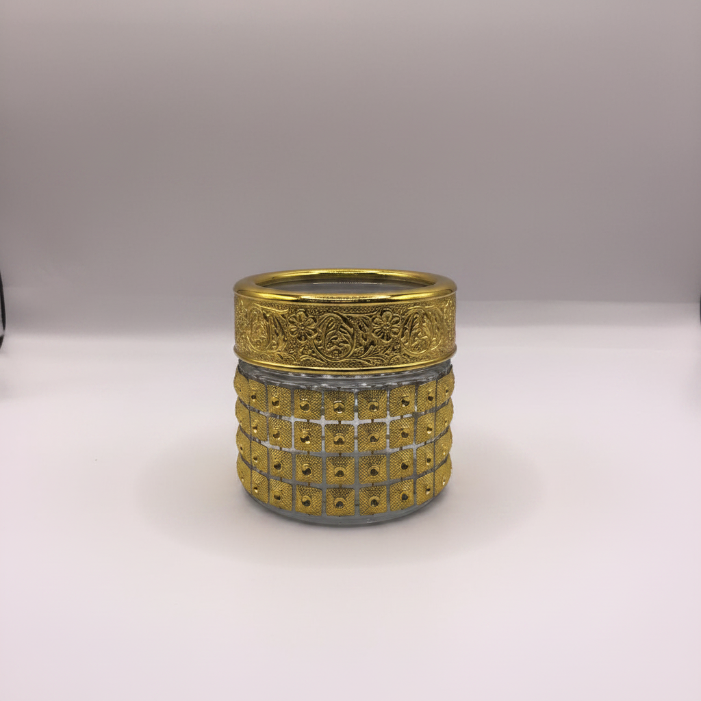 Royal gold arabesque Bakhoor jar – front studio shot