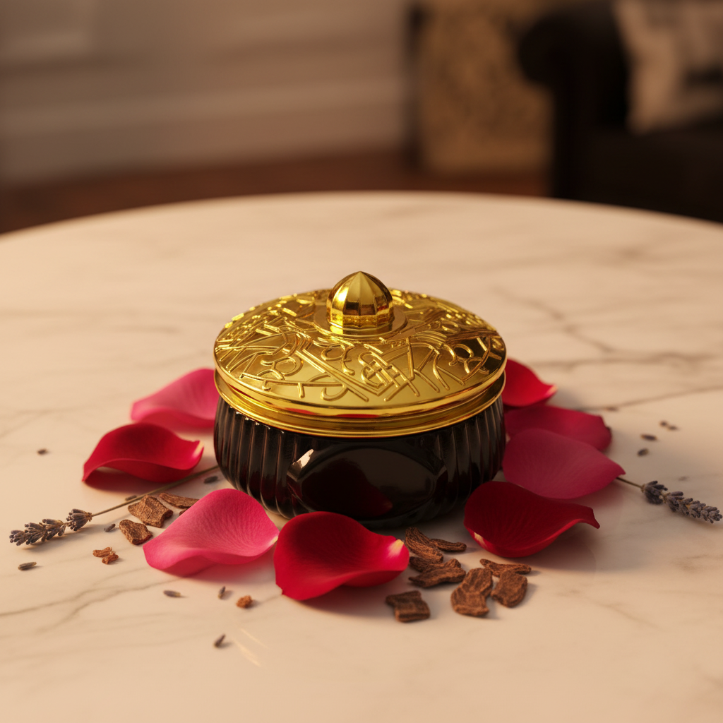 Luxury Black and Gold Bakhoor Jar - Lifestyle on Marble