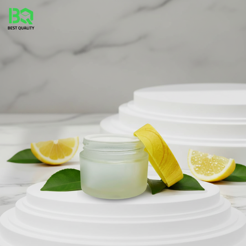 Frosted cosmetic jar on marble with lemon slices and green leaves