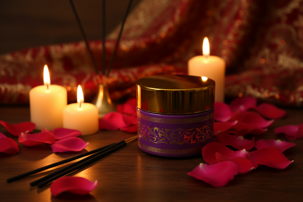 Purple gold bakhoor jar oud incense editorial