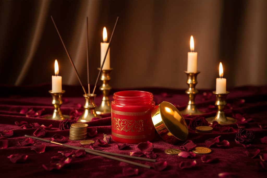 Red gold bakhoor jar oud incense velvet editorial