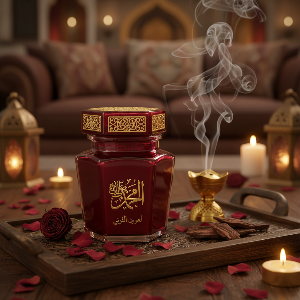 Luxury Bakhoor Jar lifestyle shot with incense and rose petals