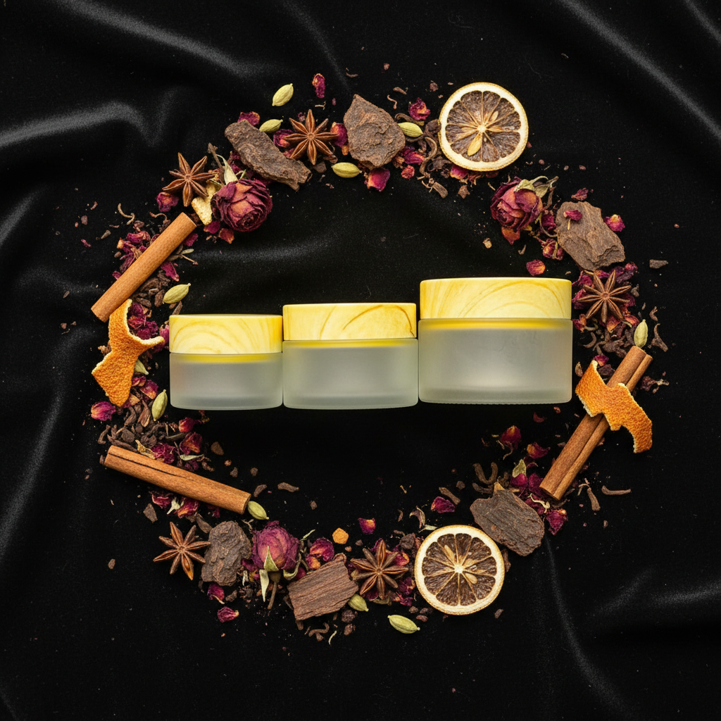 Frosted bakhoor jar flat lay with bakhoor chips rose petals and oud wood on dark velvet