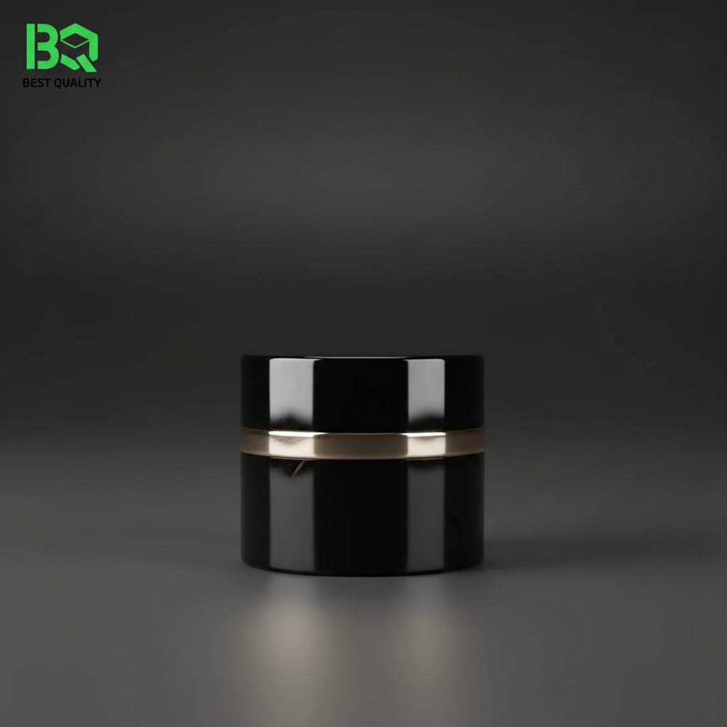 Luxury glossy black cosmetic jar with chrome band on dark grey surface