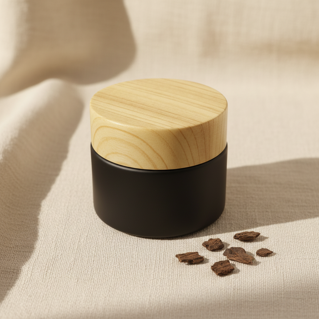 Matte black Bakhoor jar with wood lid – 45 degree angle warm lighting
