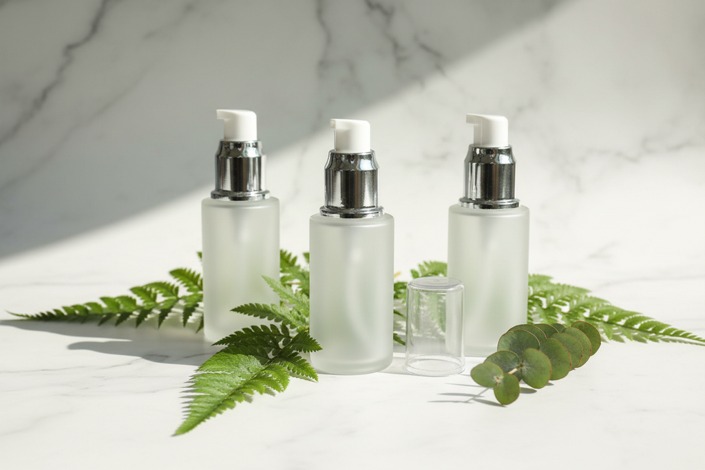 Frosted glass pump bottles marble surface editorial