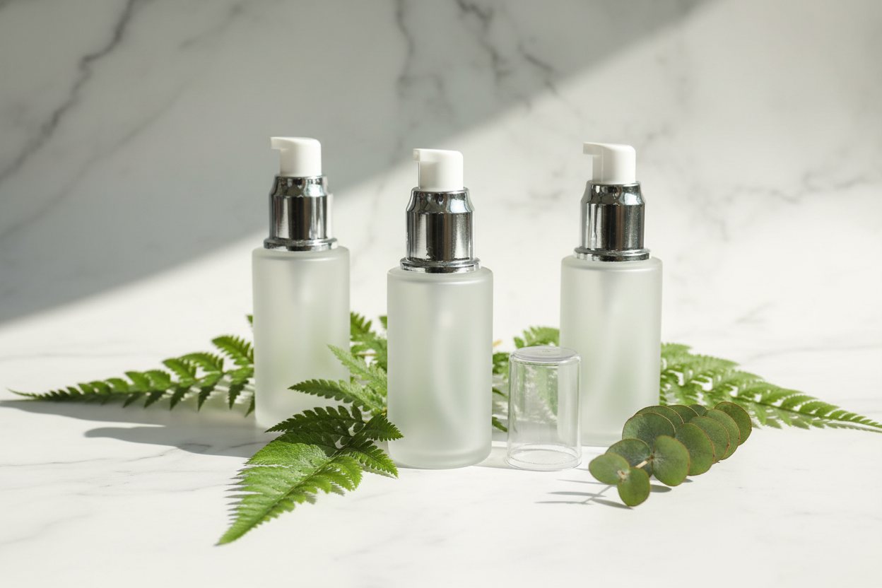 Frosted glass pump bottles marble surface editorial
