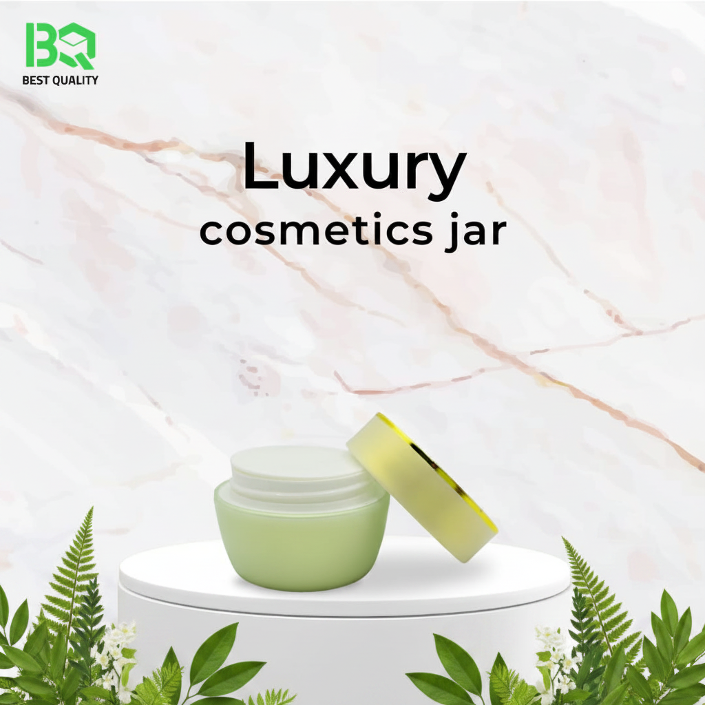 Luxury sage green cosmetic jar on marble with botanical elements