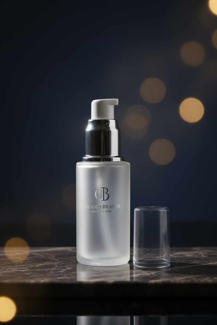 Frosted glass pump bottle dark elegant lifestyle shot