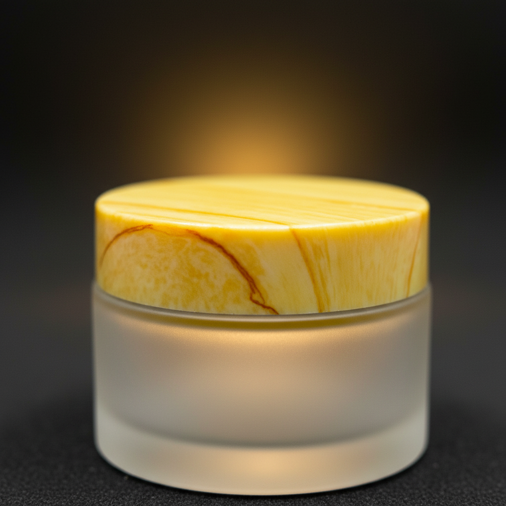 Close-up of frosted bakhoor jar showing yellow marble lid detail